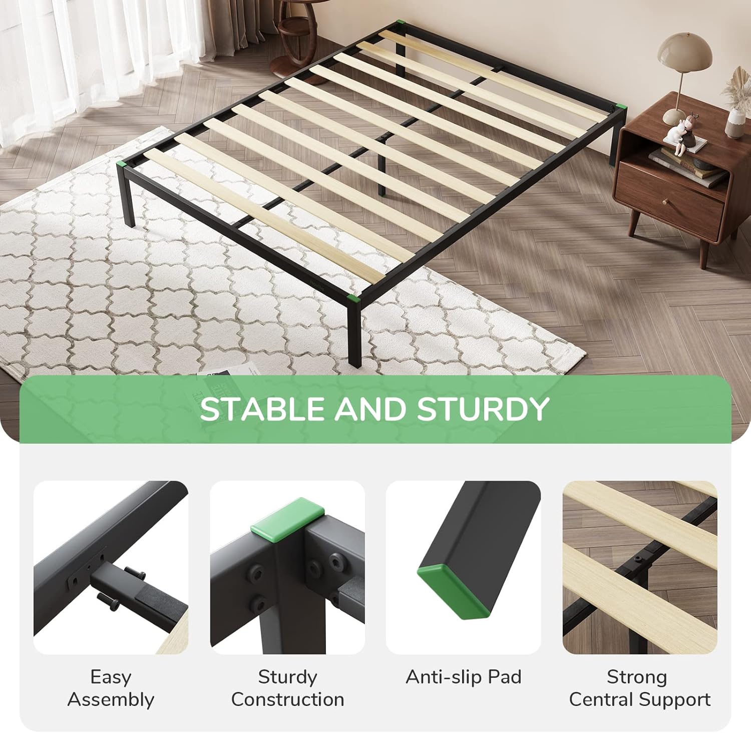 Novilla 14 Inch Twin Bed Frame with Headboard, Platform Bed Frame No Box Spring Needed, Metal Twin Bed Frame with Storage Space, Wooden Slats Support, Easy Assembly, Black
