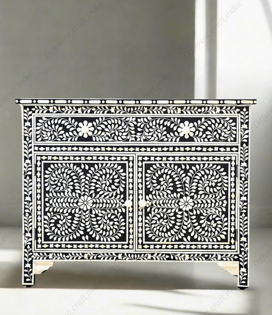 ukindianfurniture Bone Inlay Cabinet for Living Room, Mother of Pearl Cabinet – Handmade Storage Chest, Bone Inlay Sideboard with 1 Drawer and 2 Doors,Storage Console for Home-image-37