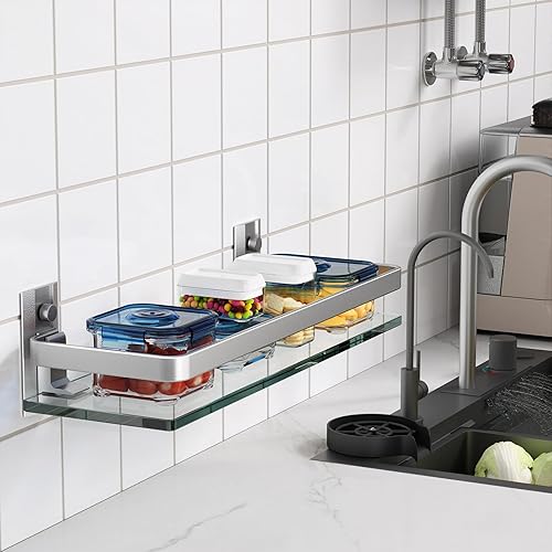 Miniatura 5 de Danpoo Estante de pared de baño, estante de baño de vidrio templado (plata mate)