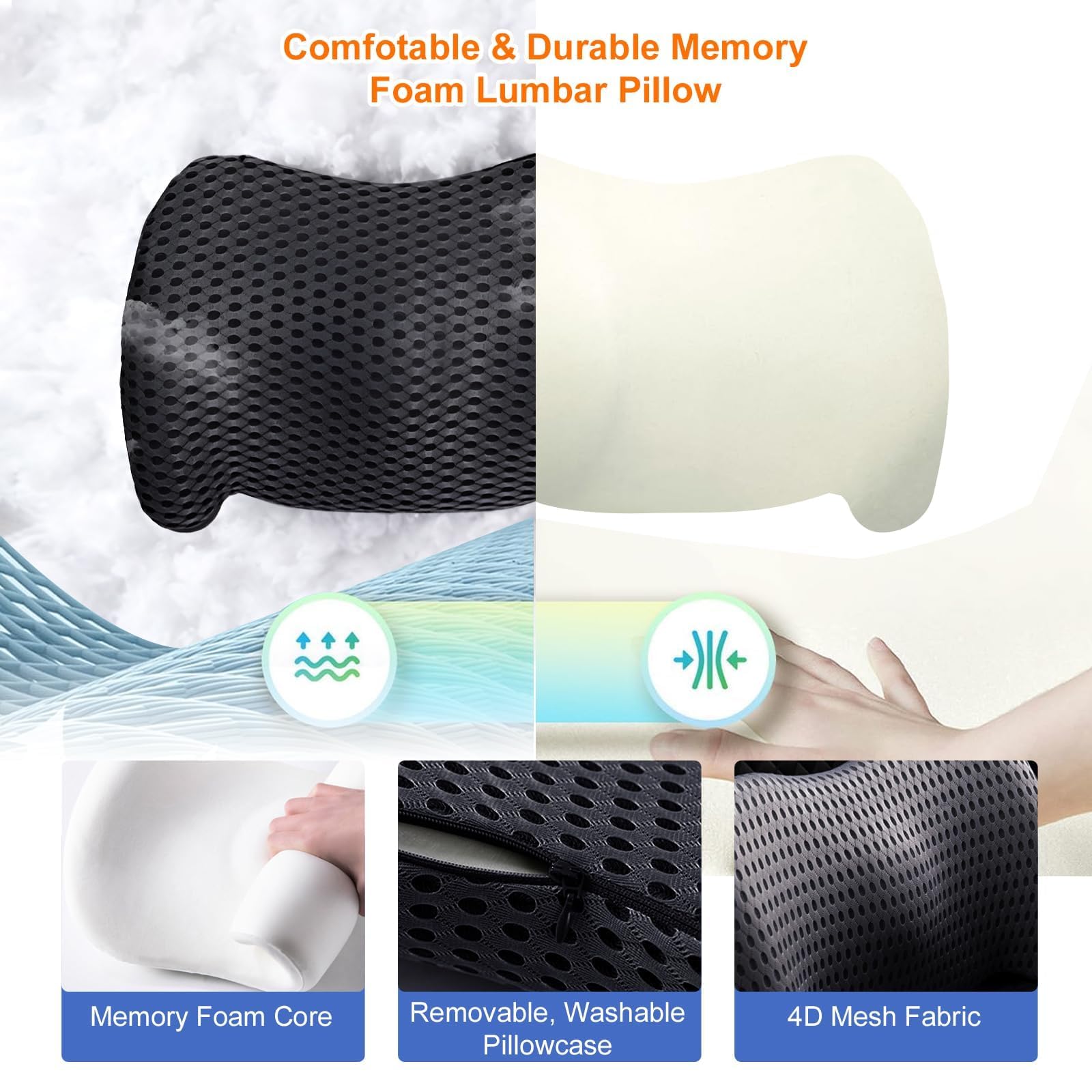 Cuscino ergonomico di supporto lombare, cuscino per schienale in memory foam di alta qualità, per sedia da ufficio, auto e giochi, design ortopedico per alleviare il dolore lombare, copertura in rete