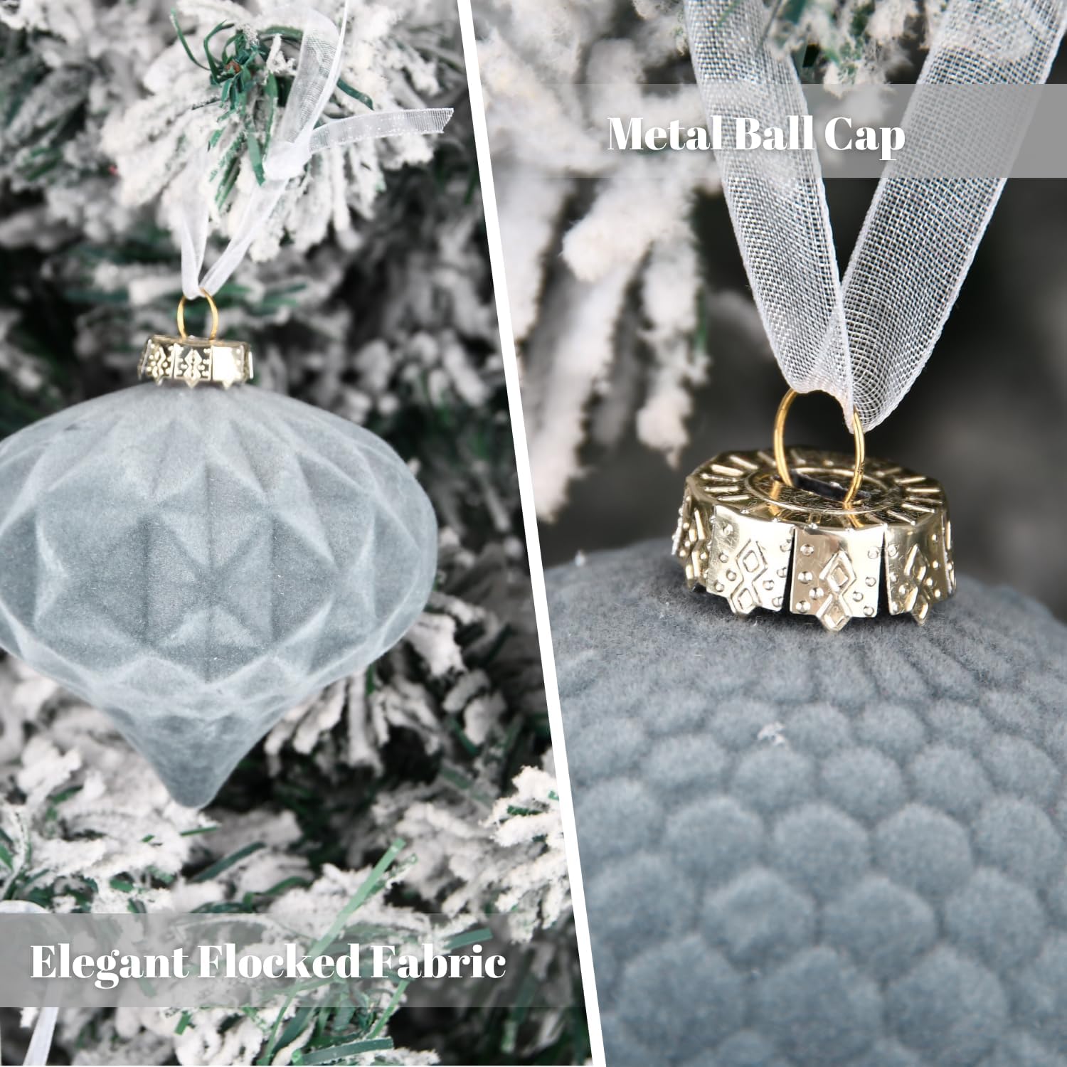 Velvet Ornaments for Christmas Tree Decorations - Dusty Blue Flocked Christmas Ornament Set for Winter Holiday Decor - Shatterproof Xmas Balls Ornaments Bulk - Pack of 24