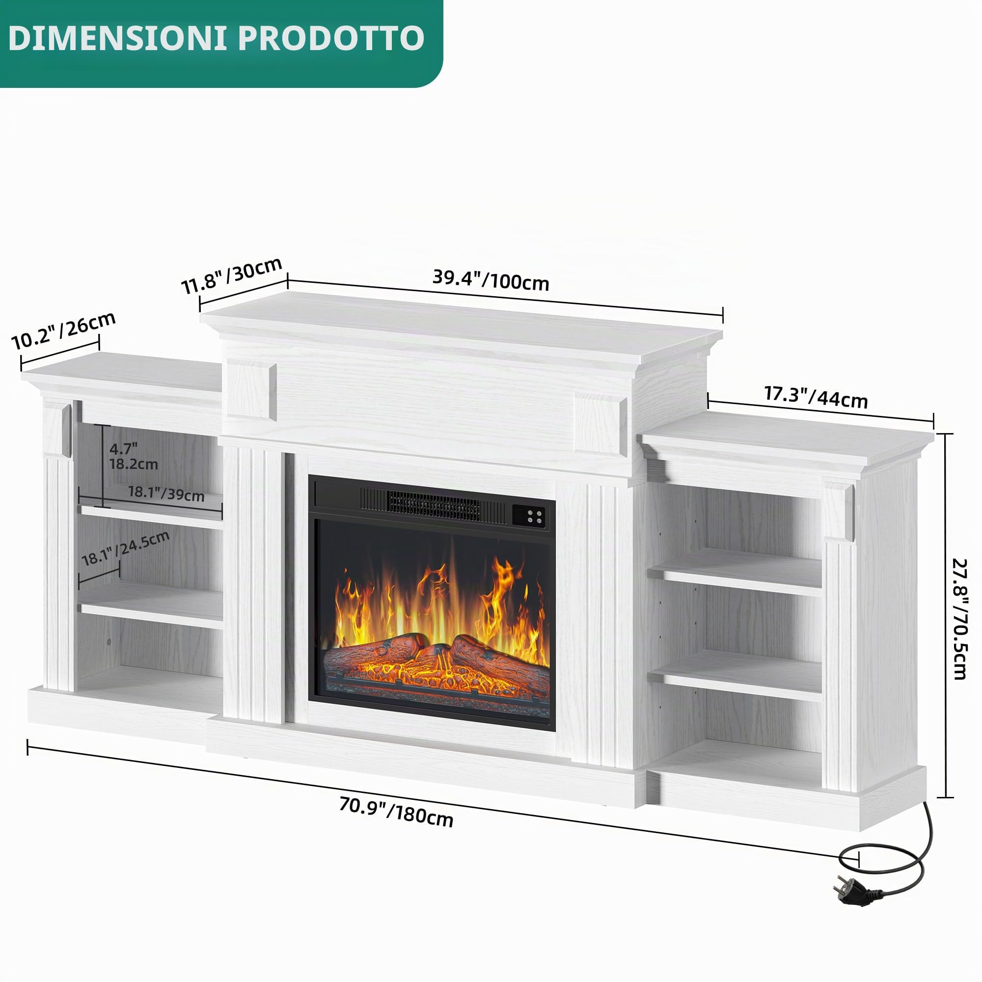 YITAHOME 72" Camino Elettrico, Effetto Fiamma 3D Realistico Mobile TV con Spazio di Archiviazione Aperto, Camino Elettrico da Terra con Timer a Striscia Luminosa a LED e Telecomando