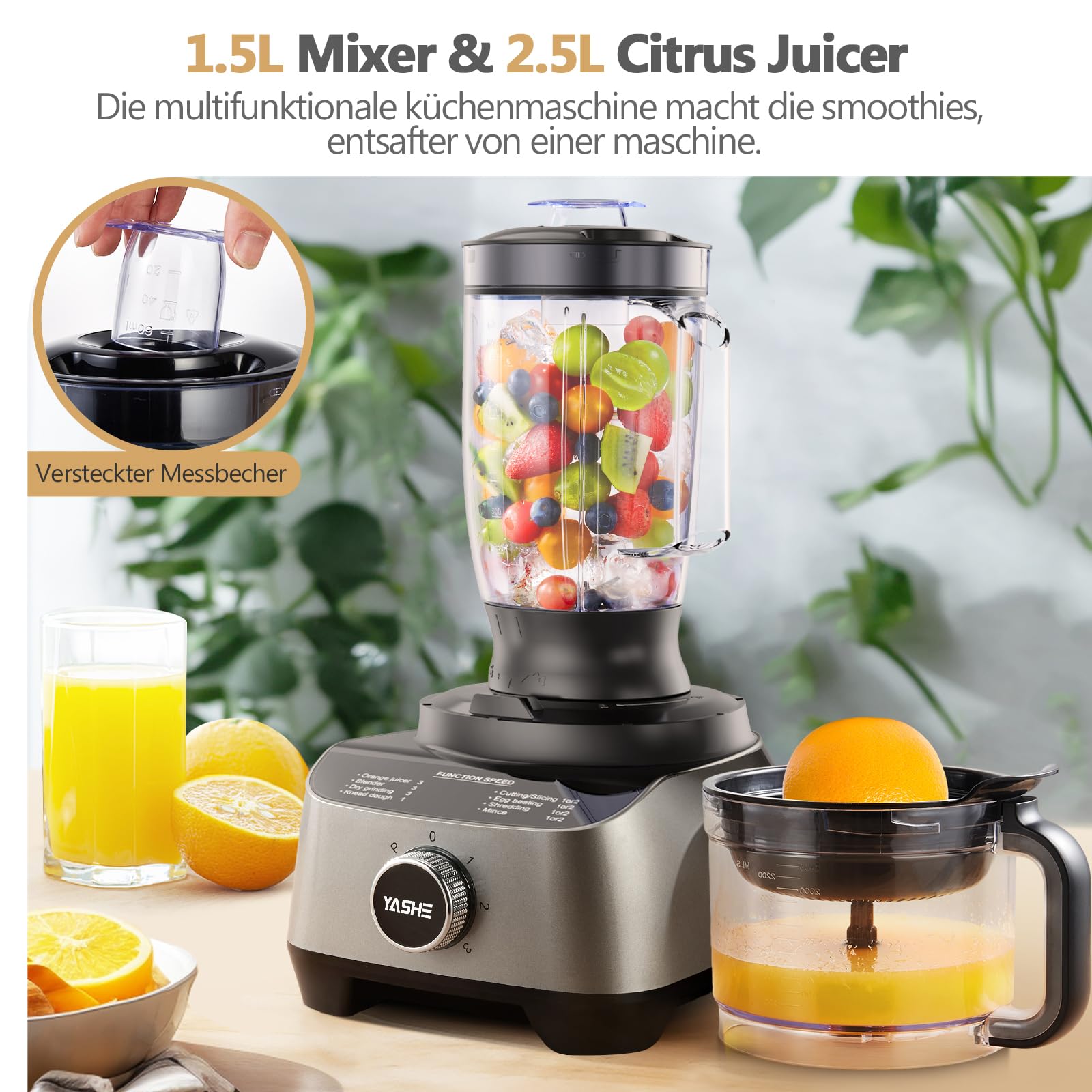 YASHE Multifunktionale Küchenmaschine, 11-in-1 Blender, Mixer, Zerkleinerer, Entsafter und Teigmaschine mit 2,5L Schüssel & 1,5L Mixbehälter, 1300W, 3-Gang, Pulsfunktion, Sicherheitsverriegelung