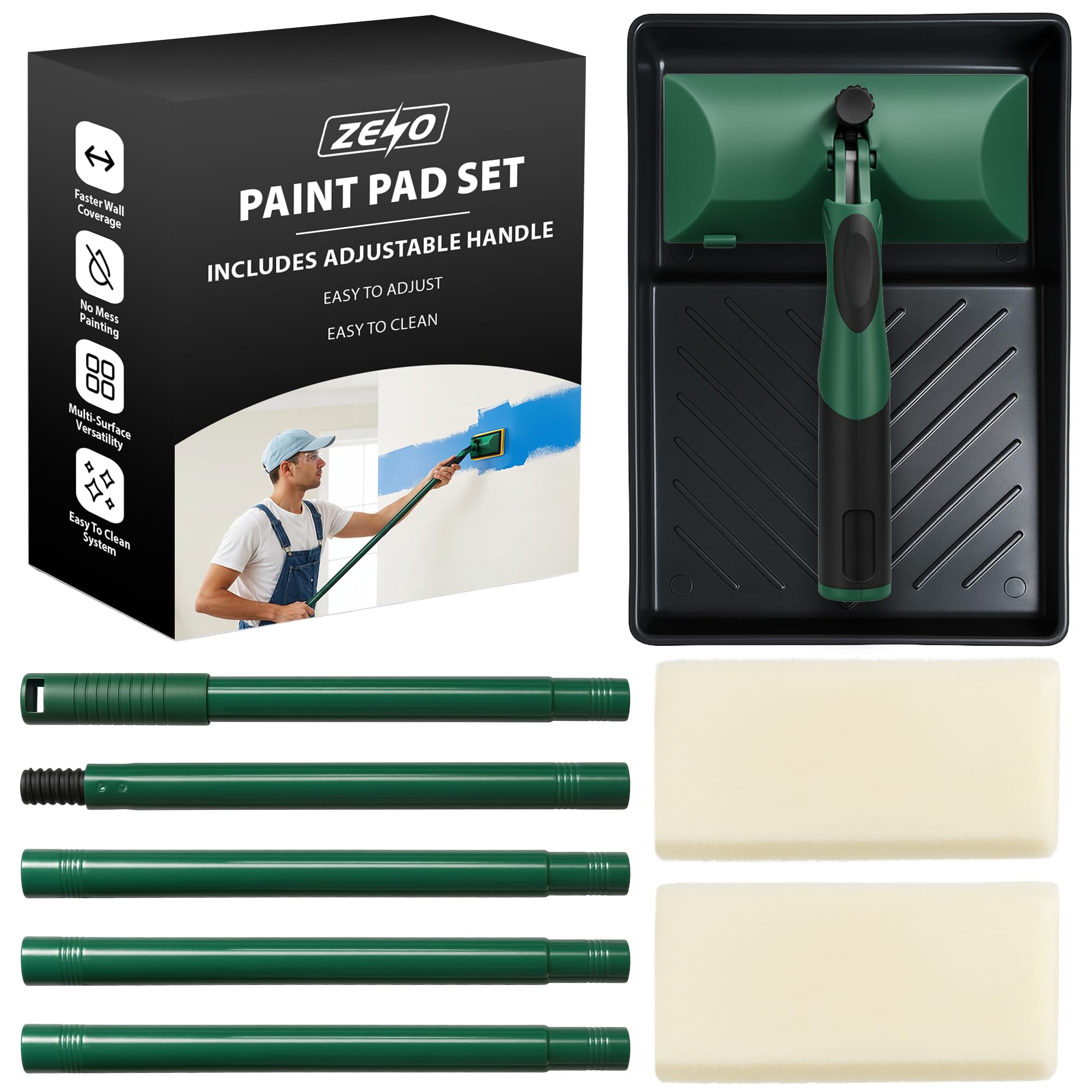 Zeno Green Decking Applicator Kit | Dual Layer Fluffy Decking Pads For Wooden Decks With Flat Pad For Sheds And Fences | Decking Oil Applicator With 120Cm Metal Handle And Deep Paint Tray
