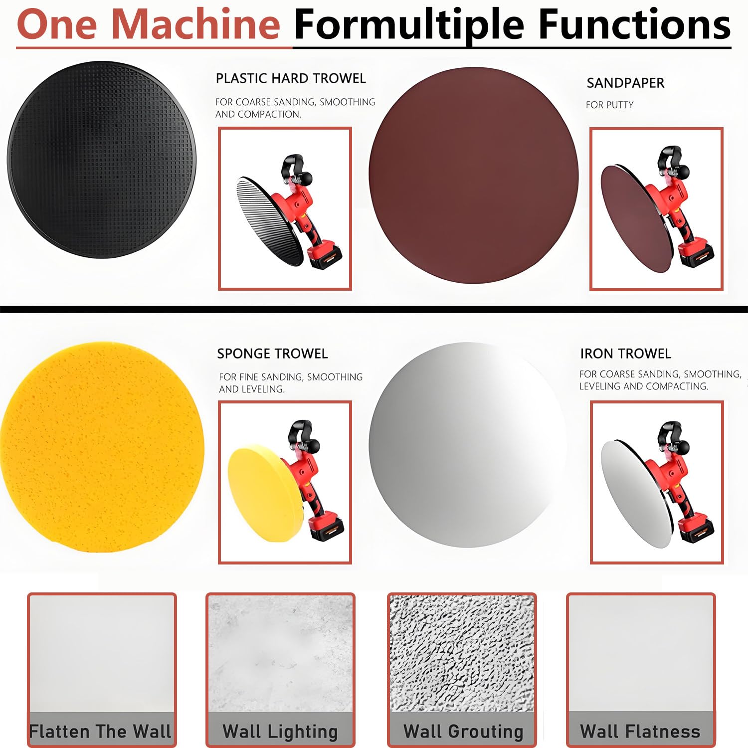 Kit per levigatrice Portatile per pareti in Cemento, levigatrice Multifunzione per pareti in Cemento, Regolazione a 6 velocità, Macchina per intonacatura, per pareti in Cemento 2Battery