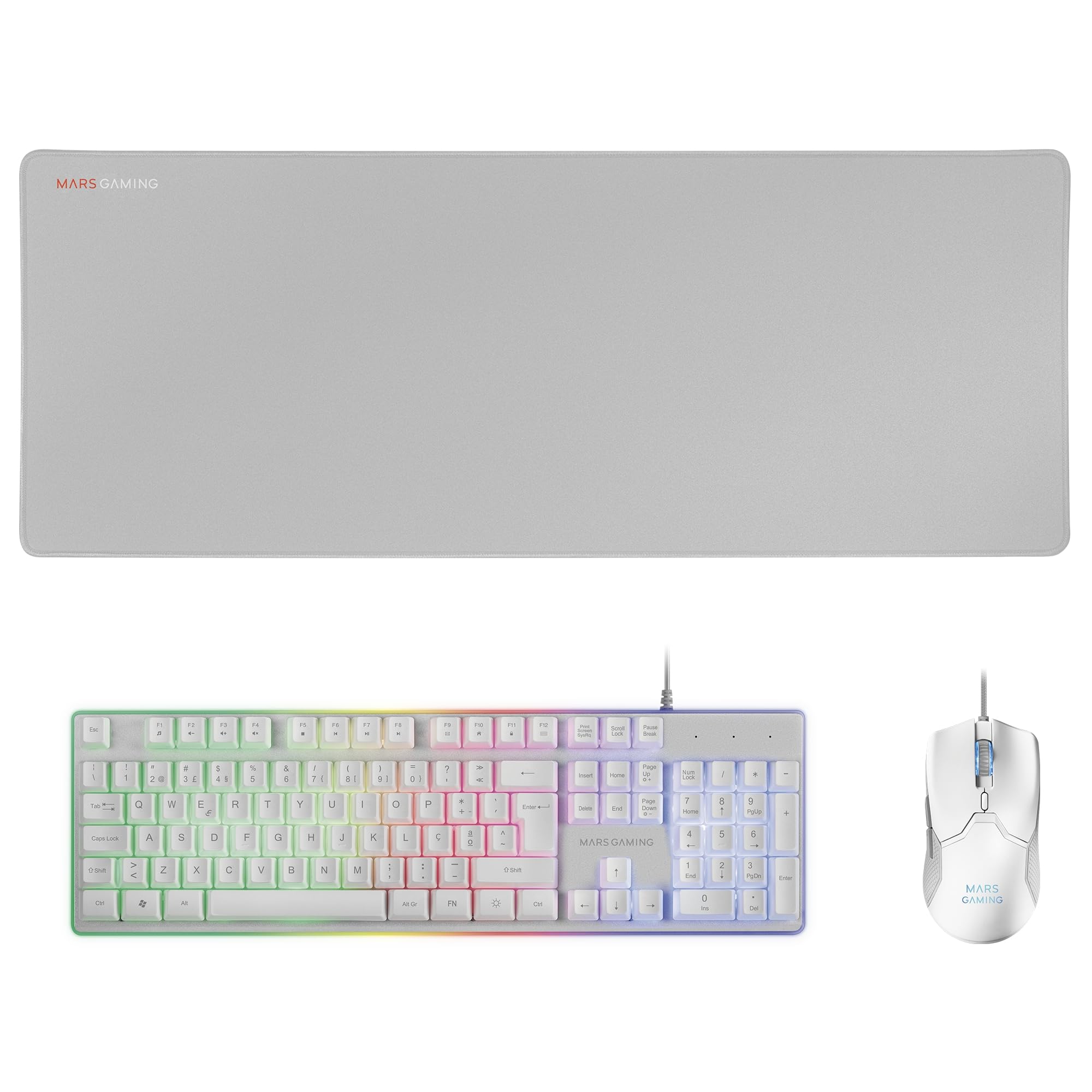 Mars Gaming MCPX, Portuguese Layout, 3-in-1 Gaming Combo with H-MECH Backlit Keyboard, Ultralight 10000 DPI Mouse with Software and XXL Mouse Pad, Compatible with PC, PS4, PS5, Xbox, White