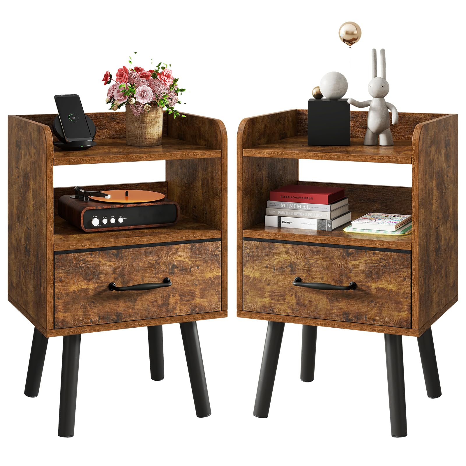 YMYNY Bedside Table Set of 2, Nightstand, Side Table, Wooden Sofa End Table with Fabric Drawer, Open Shelf, Solid Wood Legs, 39x29x63 cm, for Bedroom, Living Room, Rustic Brown HST021H-2