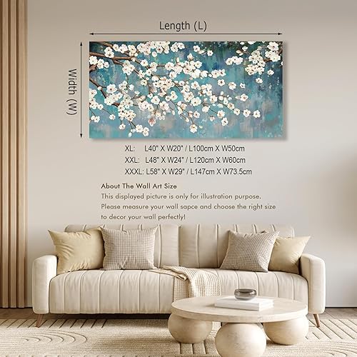 Miniatura 6 de Shoci Arte de pared de árbol de flores, lienzo grande de ramas florales blancas y marrones para sala de estar, pintura rústica, verde azulado,