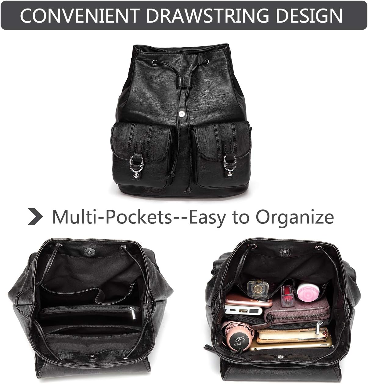 VASCHY Mini Backpack Purse for Women, Fashion Faux Leather Buckle Flap Drawstring Backpack for College with Two Front Pockets Black - Image 5