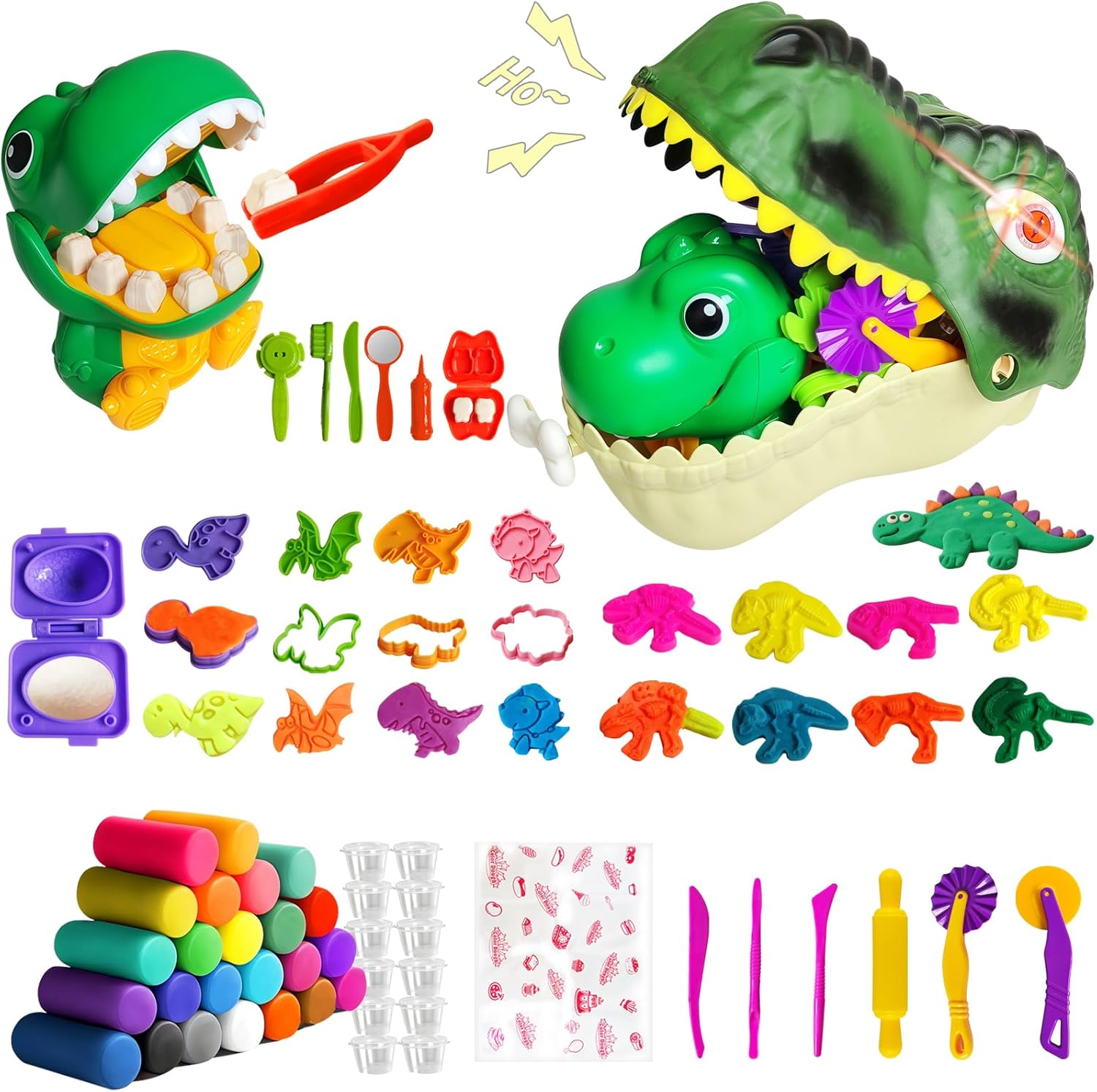 Dinosaur Dough Sets with Dentist Play Set, Dino Skeletons & Molds & 24 Non-Toxic Clays, Dough Tools, Dinosaur Toys for Kids Toddler Boy Toys for 3 4 5 6 7 Year Old Birthday Gift Christmas