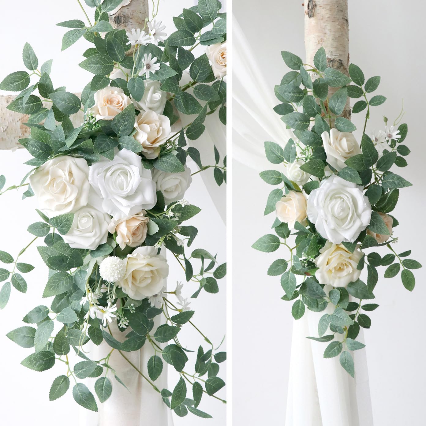 Hochzeit Swag Bogen Blumen (Packung mit 2), künstliche Rosen Swag Blumen Blumenarrangement Swag für Hochzeit Zeremonie Empfang Backdrop Stuhl Dekoration (Champagner Weiß)