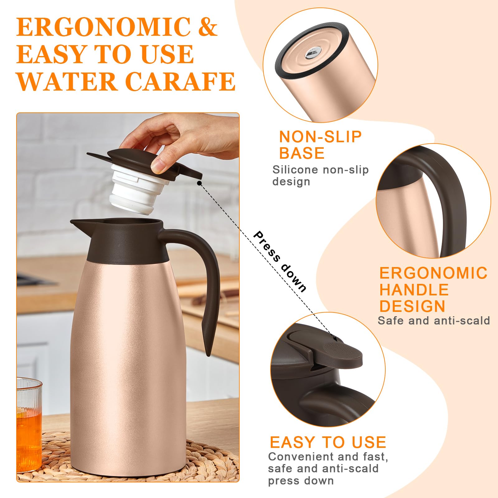 Norme Thermo-Kaffeekaraffe, isolierte Edelstahl-Kaffeekaraffe für heiße Flüssigkeiten, Vakuum, Thermo-Topf, Sahnekänner, Karaffe Spender mit Bürsten, hält Heißwasser Milch (Roségold, 1,9 l), 2 Stück