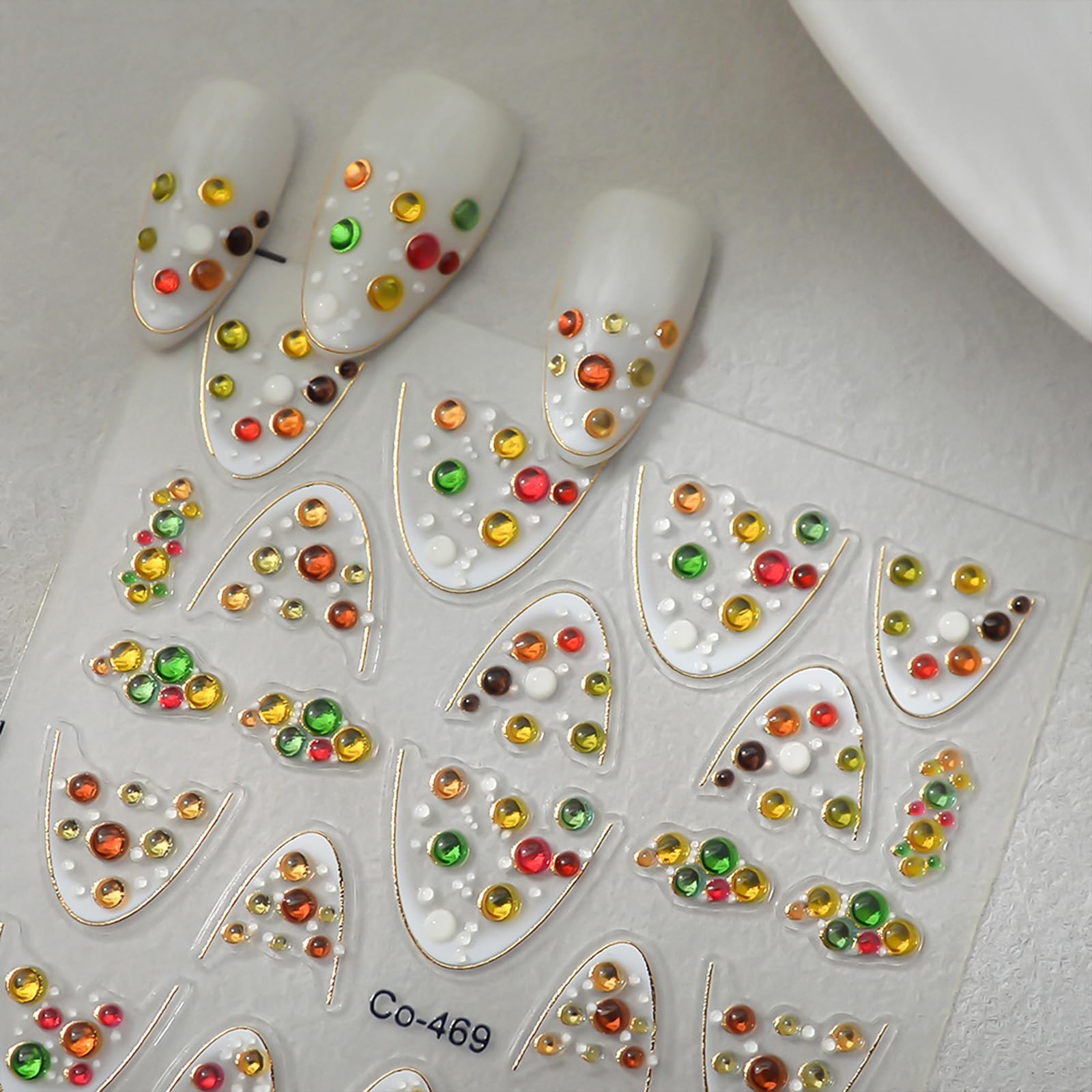 Colorful French Tip Nail Stickers for Nail Art White Ombre Nail Decals with Jelly Design 5D Embossed Self Adhesive Nails Art Stickers for Women Girls Manicure DIY Decoration Accessories Supply