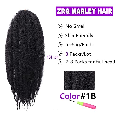 Miniatura 2 de ZRQ 8 paquetes de cabello trenzado con rizos Marley Morados, 18 pulgadas, cabello afro rizado Marley Twists, cabello rizado suave (púrpura, 8