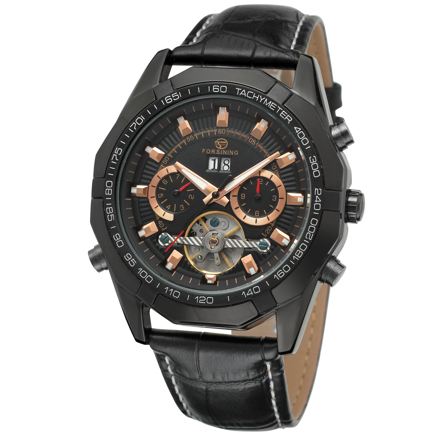 Forsining Orologio da polso da uomo a carica automatica originale Tourbillion calendario cinturino in pelle FSG340M3B1, nero, multifunzione