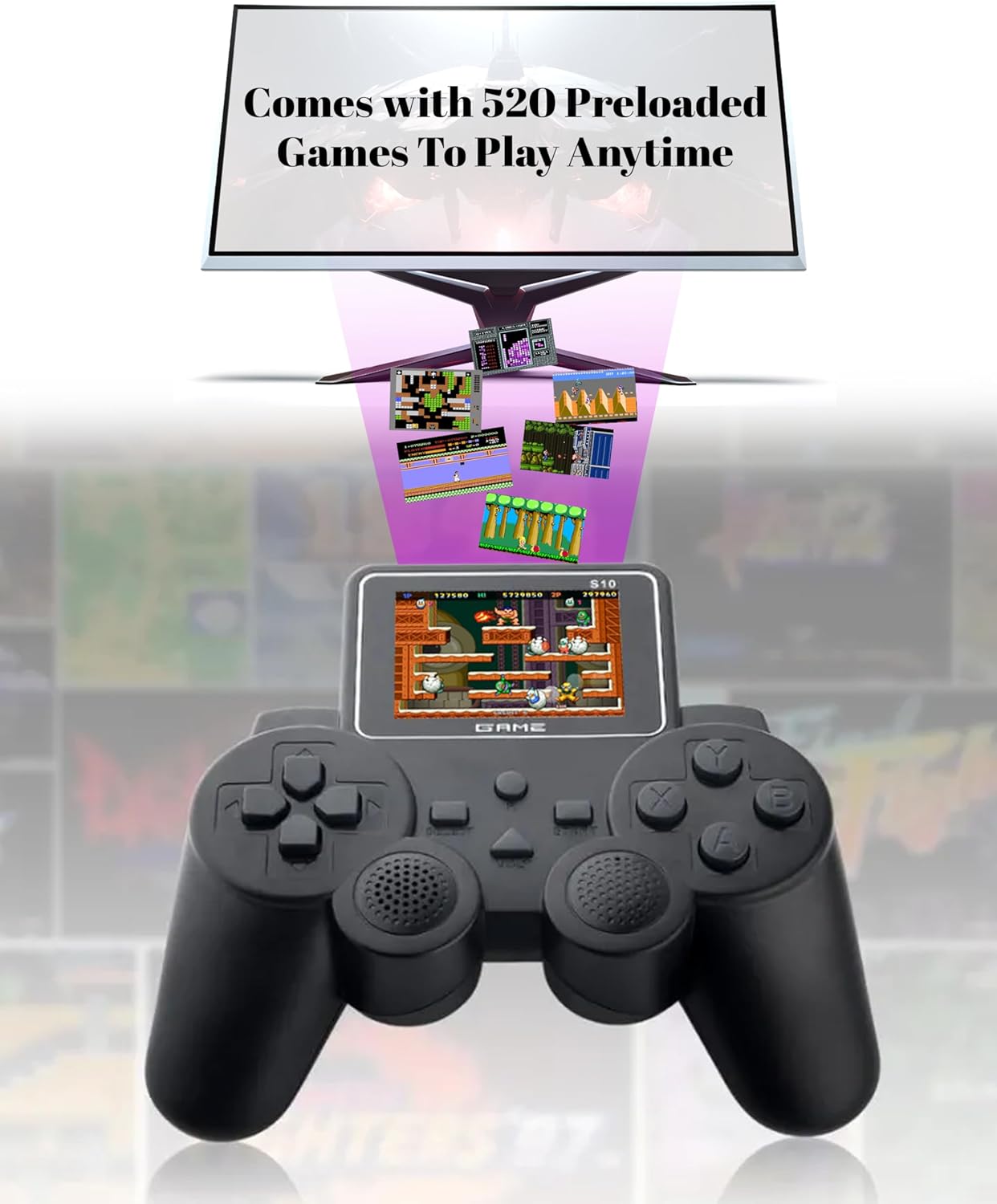 Image showing the PlayingStation Handheld Console with various retro game screenshots floating above it, and text 'Comes with 520 Preloaded Games To Play Anytime'.