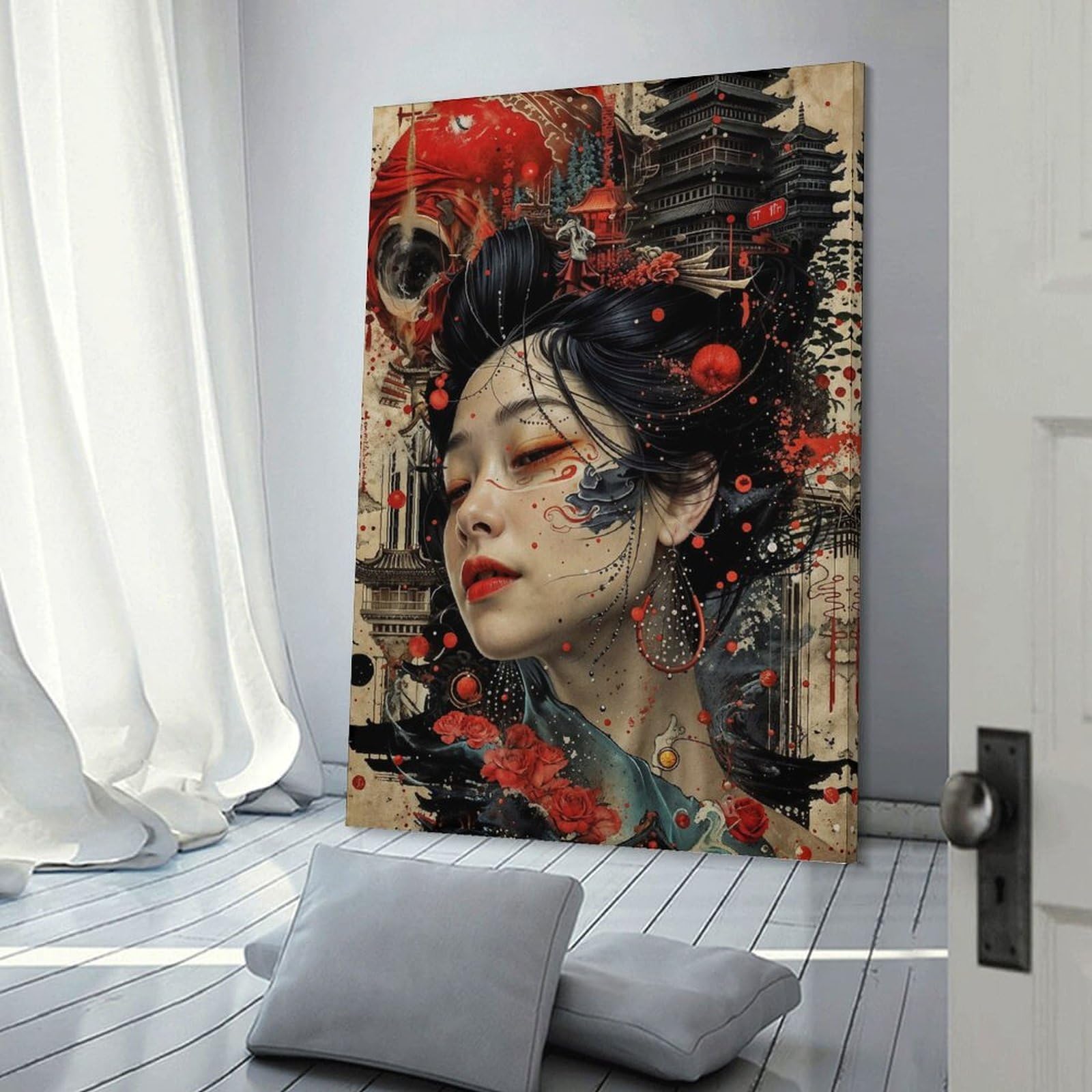 Junmoney Frame-Style-14 Geisha Japanese Room Decor Wall Art 08X12inch(20X30cm), For Entrance Walls, Hall Decor Or Foyers, A Neat Decor Update For Hallways