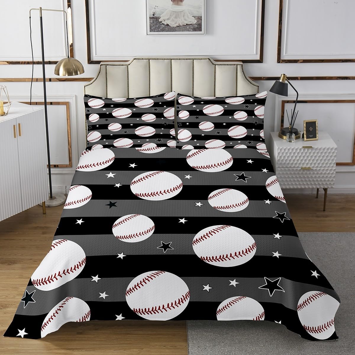Feelyou Baseball Gaming Bedspread Black Grey White Bedspread for Kids Boys Girls Softball Coverlet Set Ball Games Quilted Bedroom Collection 2Pcs Twin Size