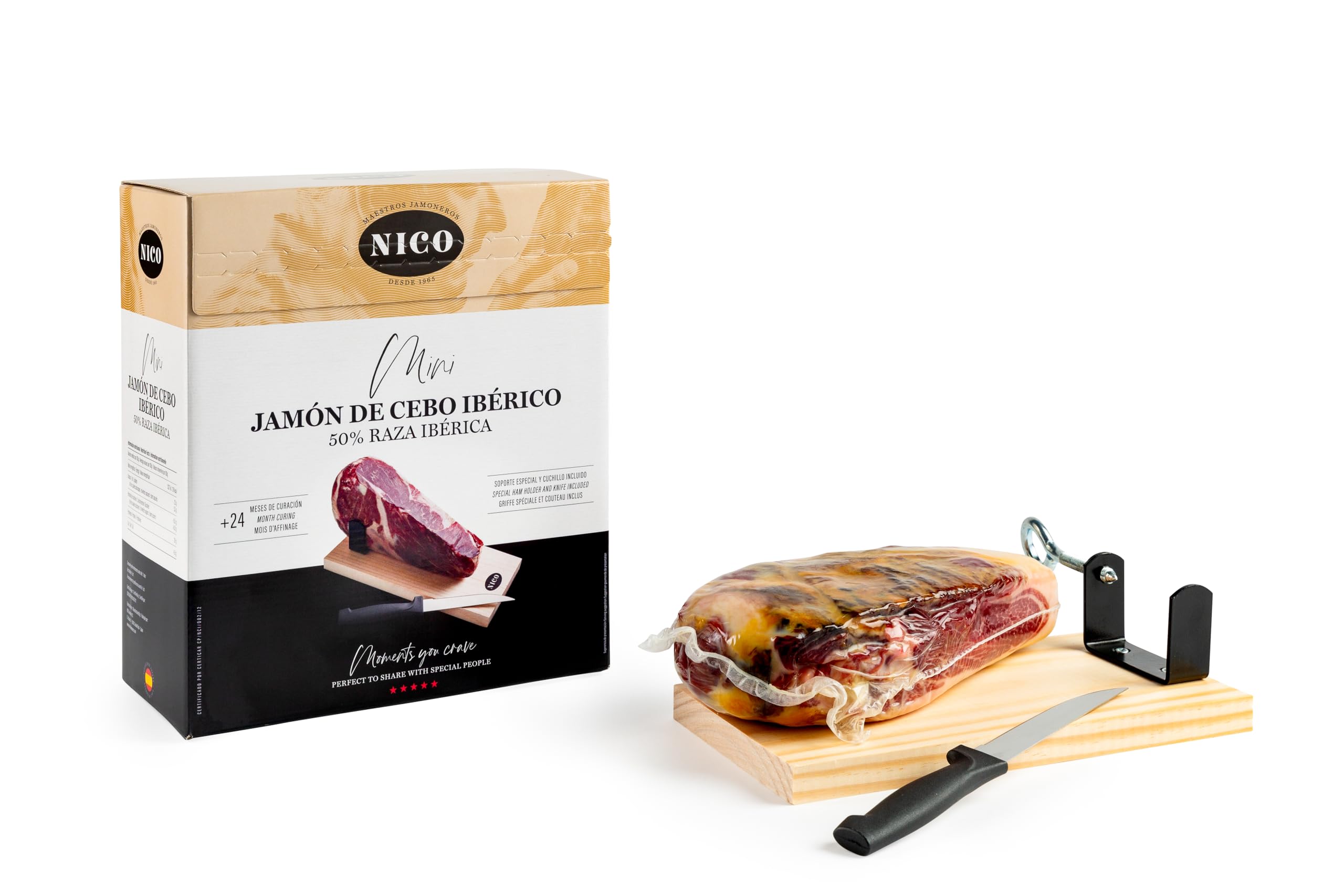 Nico Jamones - Pack de JAMON IBERICO Deshuesado. MINI JAMON IBERICO 50% raza ibérica con kit de mini jamonero y cuchillo. Aprox. 1 kg. Curación de más de 24 meses.