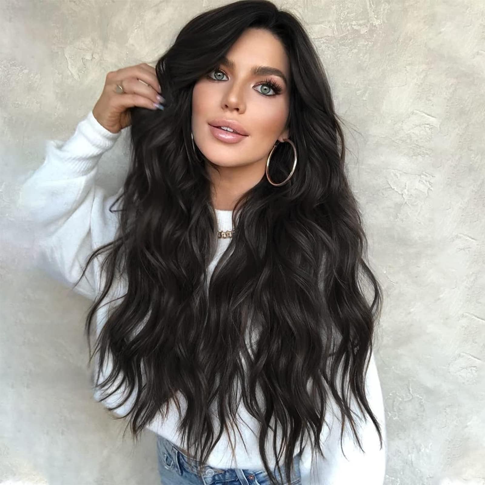 AISI QUEENS Long Black Wavy Wigs for Women Middle Part Curly Black Wig Natural Looking Synthetic Heat Resistant Fiber Wigs for Daily Party Use Wig 24 Inch