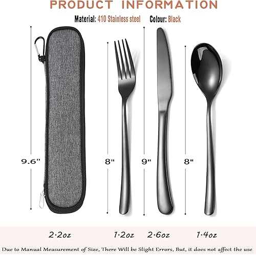 Miniatura 2 de MURRI&MURRDI Juego de cubiertos de acero inoxidable para 1, juego de cubiertos reutilizables con estuche, juego de utensilios negros de 3 piezas