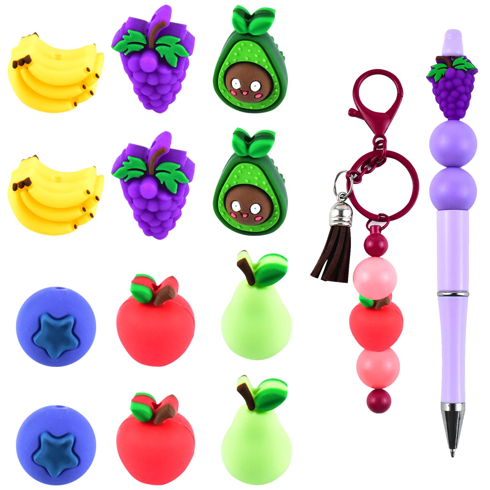 WOZADU 3D Fruity Shaped Silicone Focal Beads for Keychain Making, 12 PCS Fruity Scented Bead for Pen, Beads Bulk for Bracelet Necklace Lanyard Jewelry and Handmade Crafts Making