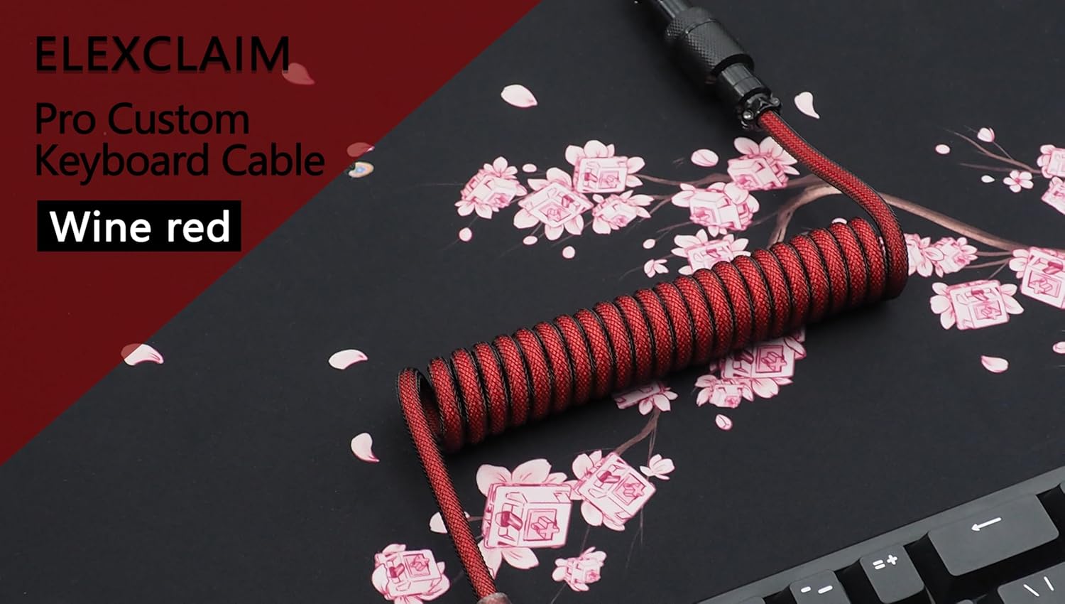 Coiled Keyboard Cable USB-C to USB-A 1.5M, Double-Sleeved Braided with Detachable 5-Pin Aviator Connector for Gaming Keyboards (Wine red)