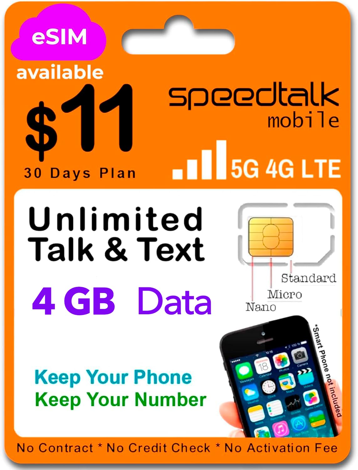 SpeedTalk Mobile Prepaid Cell Phone SIM Card for Smart Phones &amp; Cellphones | $11 Monthly Plan - Unlimited Talk &amp; Text + 4GB 5G 4G LTE Data | 3-in-1 SIM Card Standard Micro Nano