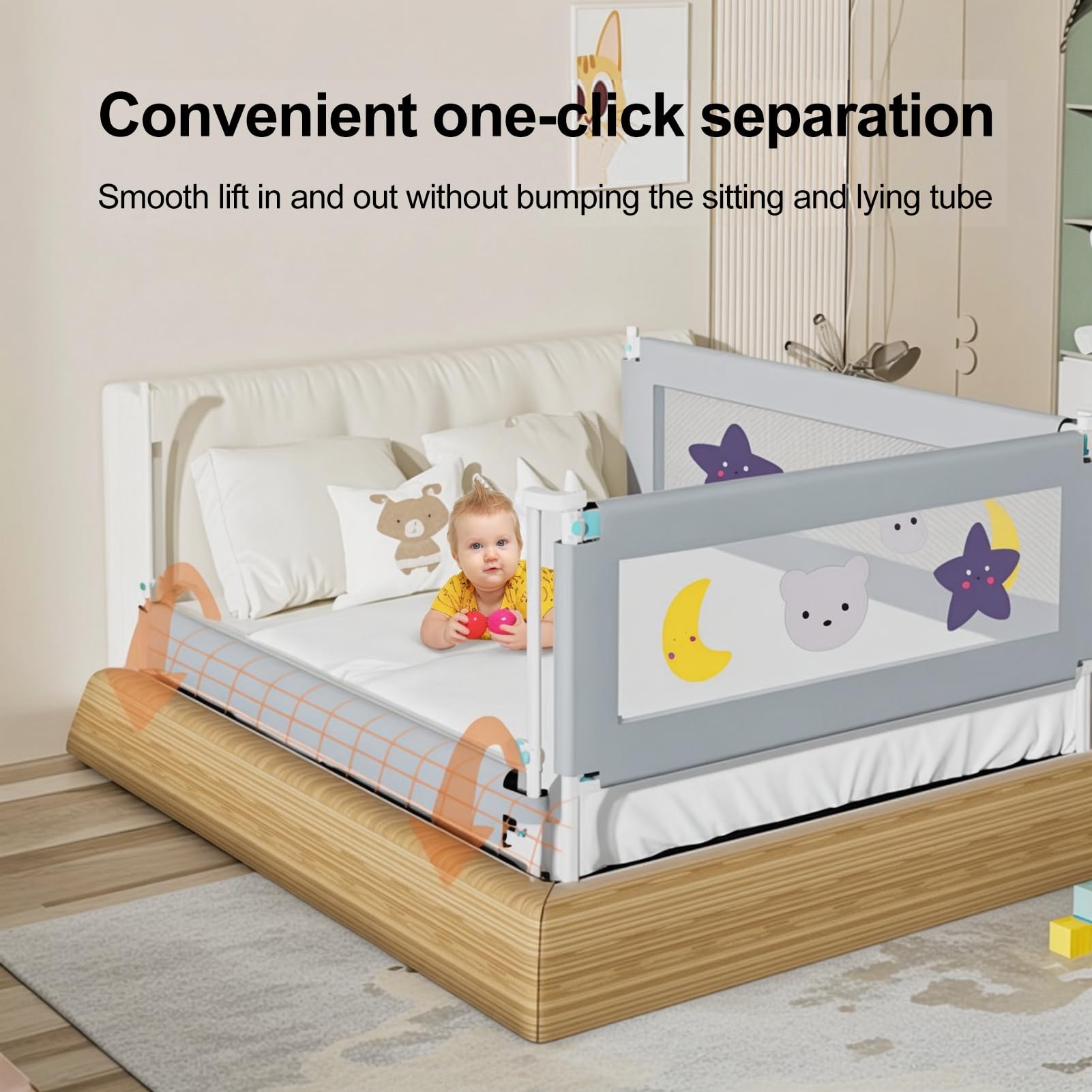 Riel de cama ajustable de 3 piezas para niños pequeños, protector de seguridad para cama de bebé tamaño King, valla resistente y extralarga, diseño de elevación con patrón de dibujos animados