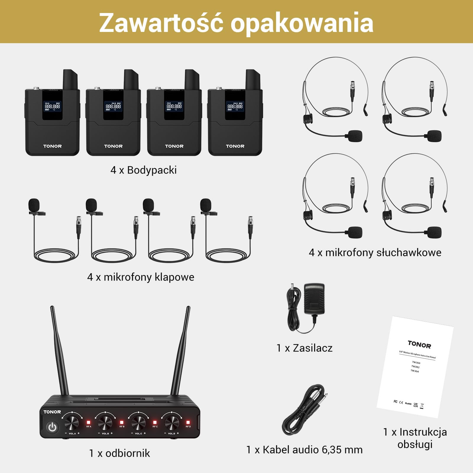 Bezprzewodowy zestaw TONOR UHF z 4 nadajnikami bodypack/zestawem słuchawkowym/mikrofonem typu lavalier, bezprzewodowy mikrofon 4x5 częstotliwości o zasięgu 60 m do wokalnego karaoke, DJ PA, TW364