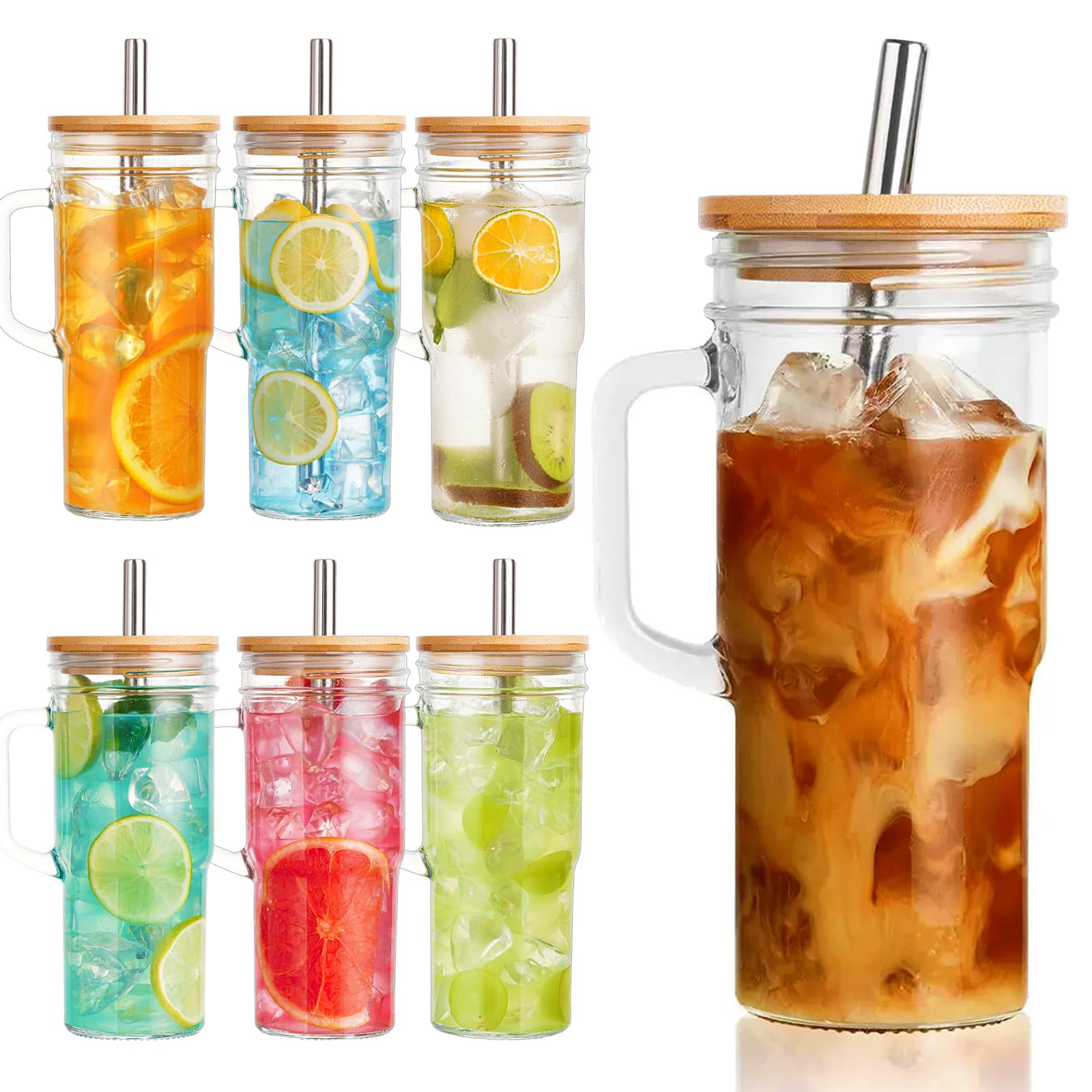 View 1 of **MISSING STRAWS**VasoArte 6 Pack Glass Tumbler Cups with Handle, 24oz Bubble Tea Cup with Bamboo Lid& Wide Straws,Reusable Mason Jars with Wide Mouth Iced Coffee Cup, Drinking Glasses for Smoothie,Bubble Tea