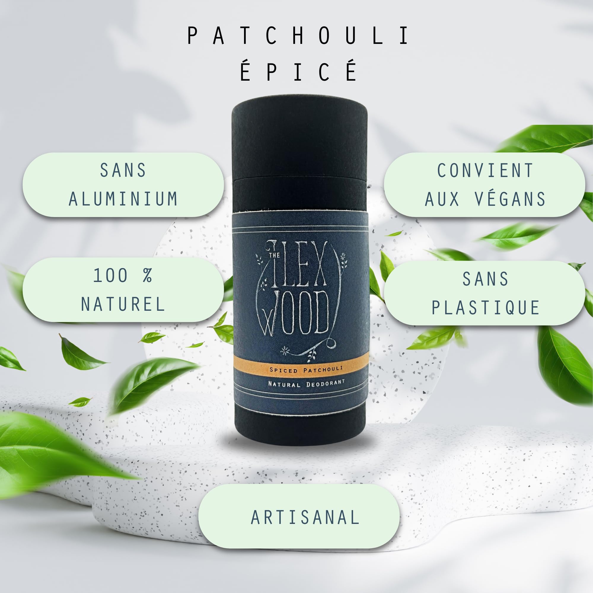 The Ilex Wood - Déodorant naturel boisé au patchouli épicé - 70 ml. Dans un tube en carton écologique, végétalien, sans plastique, sans alcool, sans toxines, sans sels d'aluminium et sans cruauté