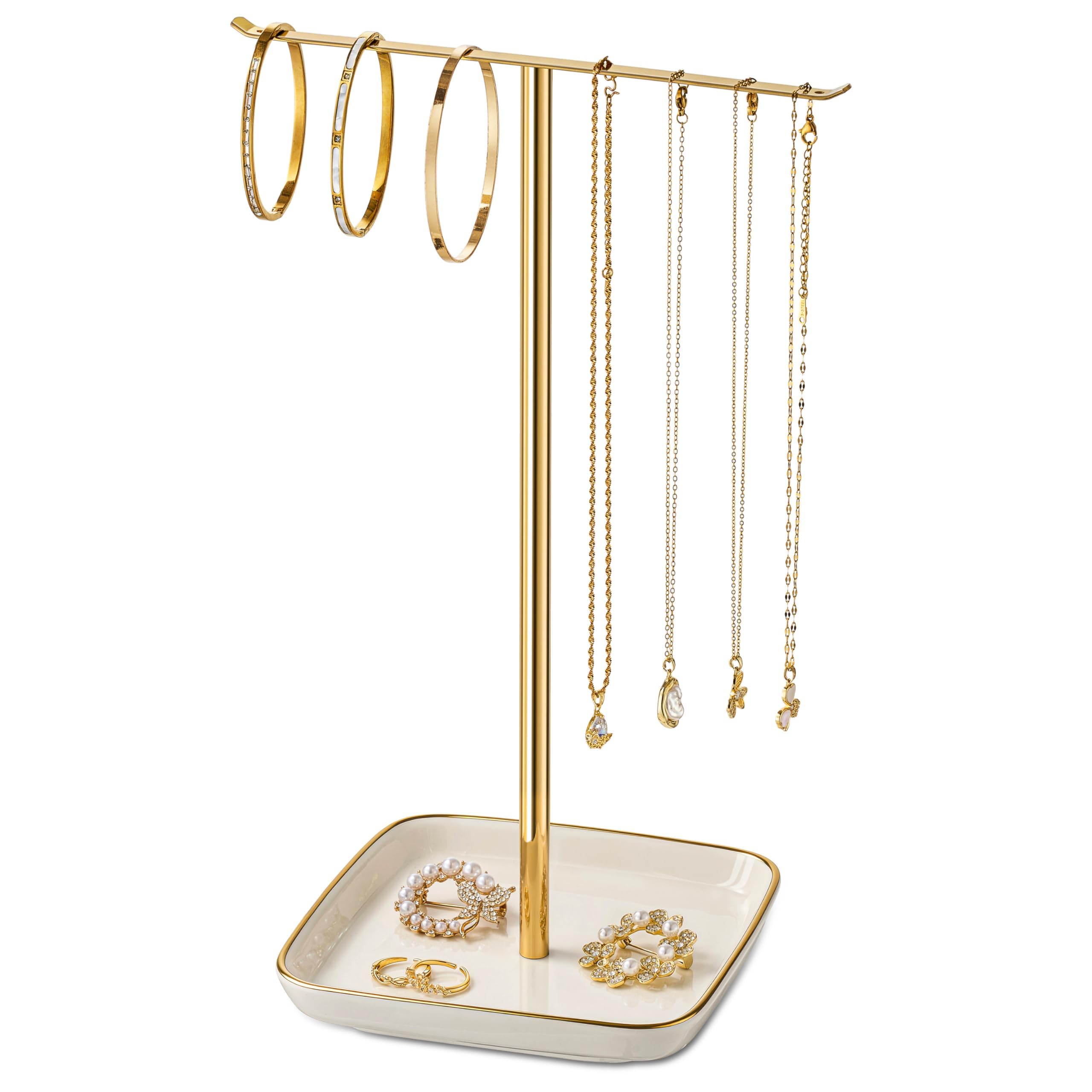 Arbre à bijoux de 30,5 cm doré avec coupelle céramique pour colliers et bagues