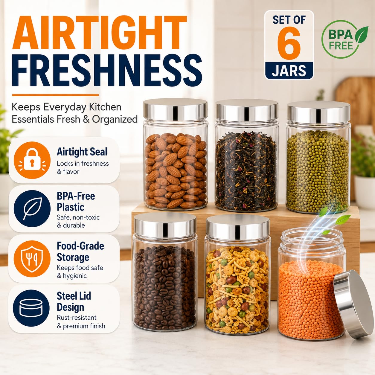 Homeor Vorratsdosen und Behälter aus Kunststoff für die Küche, stapelbar, luftdicht, Stahlkappe, Set mit 6 Boxen in Lebensmittelqualität, BPA-frei, 6 Stück à 500 ml, transparent