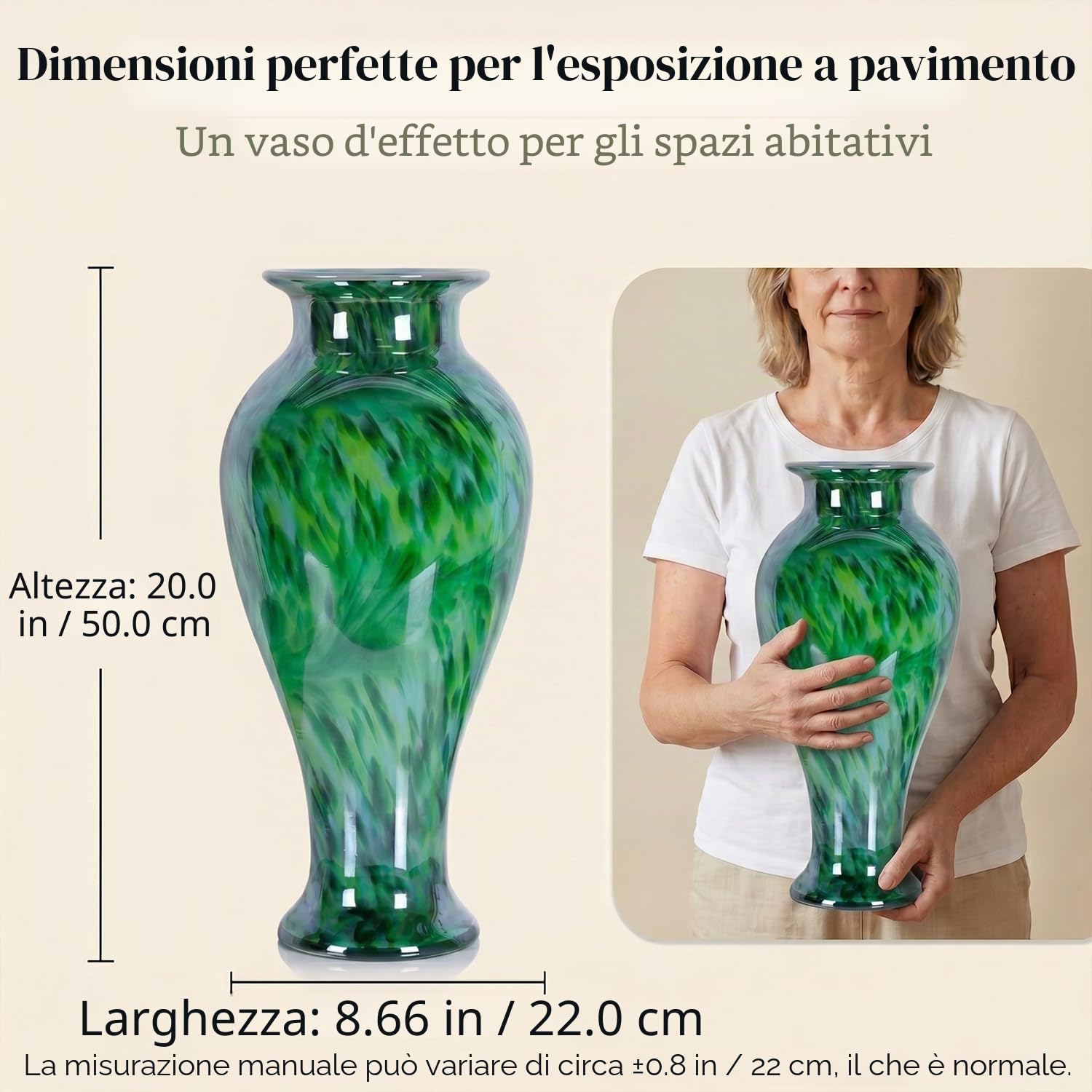 Vaso di vetro verde alto 50,8 cm, soffiato a mano, grande vaso di vetro da pavimento, decorazione per la casa, graziosi moderni vasi di fiori verde scuro, Jarrones Grandes para Sala Elegantes, grandi