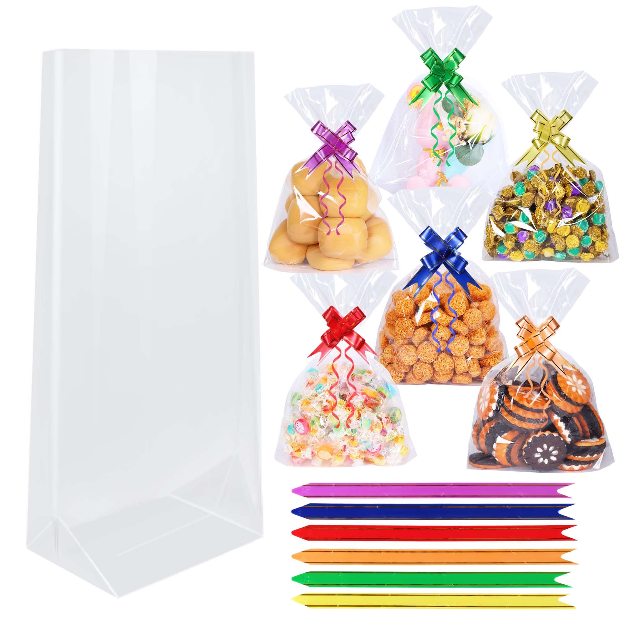 Herbbree 60PCS Cellophane Bags, (8"X12"/21X30CM) Clear Cellophane Sweet Bags with Bows,Food Safe Plastic Treat Bag Flat Bottom Gift Bag for Cookie/Mugs/Home/Party