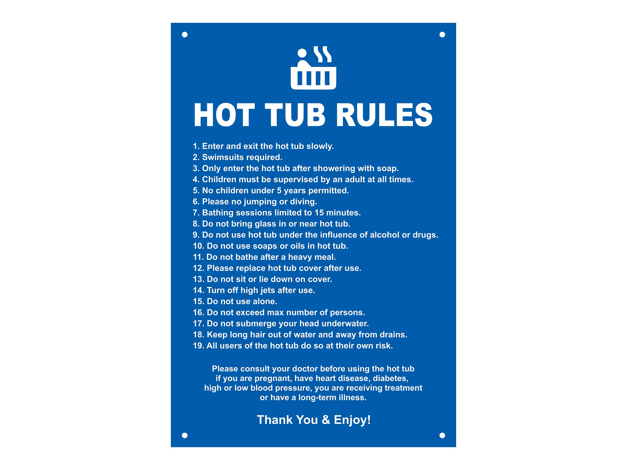 Nuevas reglas de bañera de hidromasaje: cartel contemporáneo para uso en exteriores con una lista de puntos de salud y seguridad sobre el uso de una bañera de hidromasaje. Ideal para uso en