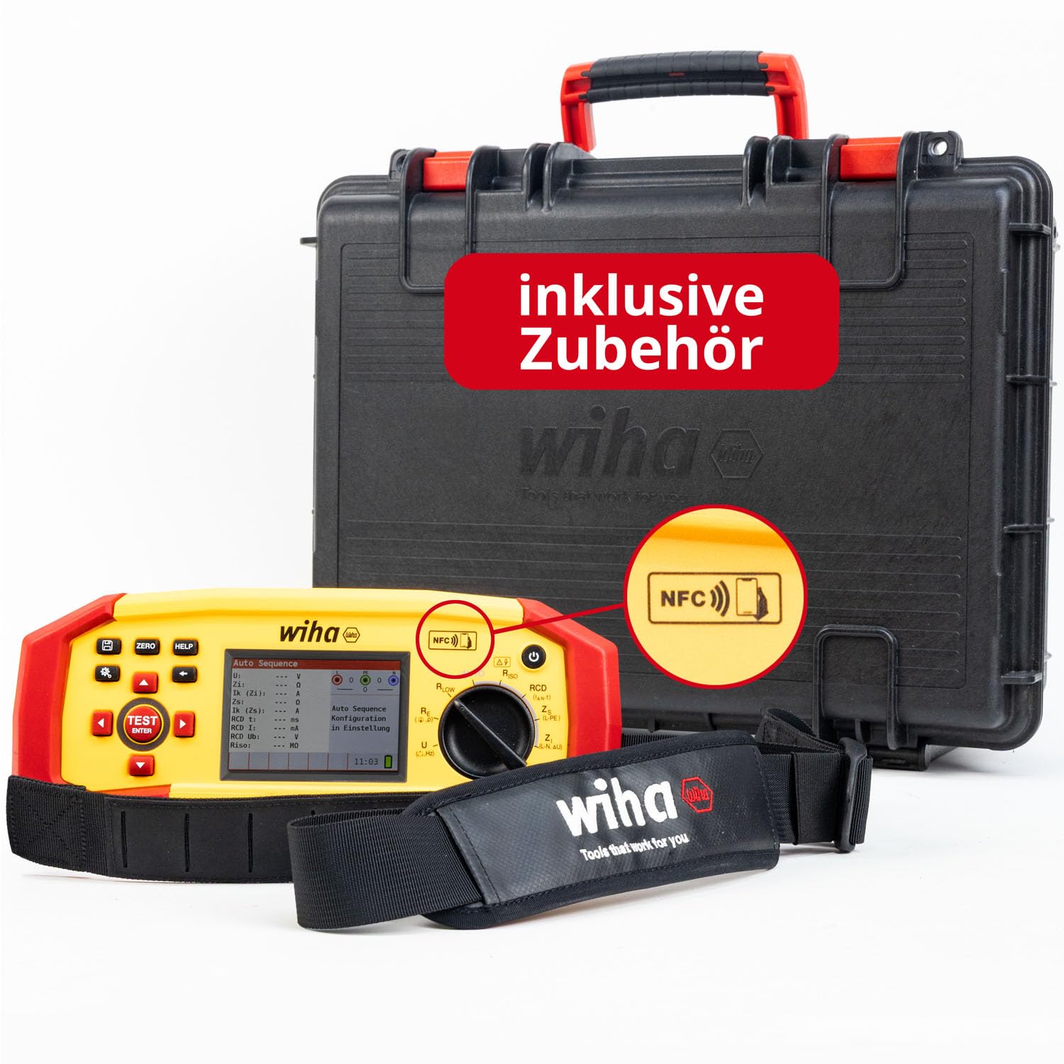Wiha Wielofunkcyjny tester instalacyjny MFT One Set I miernik zgodny z normą DIN VDE 0100 z dokumentacją NFC, testem AUTO-Test i testem RDC-DD w walizce z paskiem do noszenia, adapterem EVSE i etui na