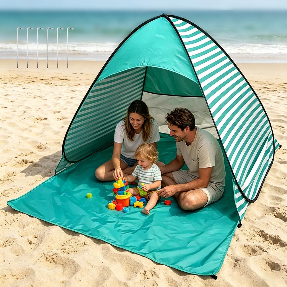 Tente de Plage, Tente Anti UV pour 2-3 Personnes, Tente de Plage pour Bébé avec Protection UV 50, Sac de Transport et Piquets Inclus, Idéal pour Les Tout-Petits, Les Pique-Niques et Le Jardin