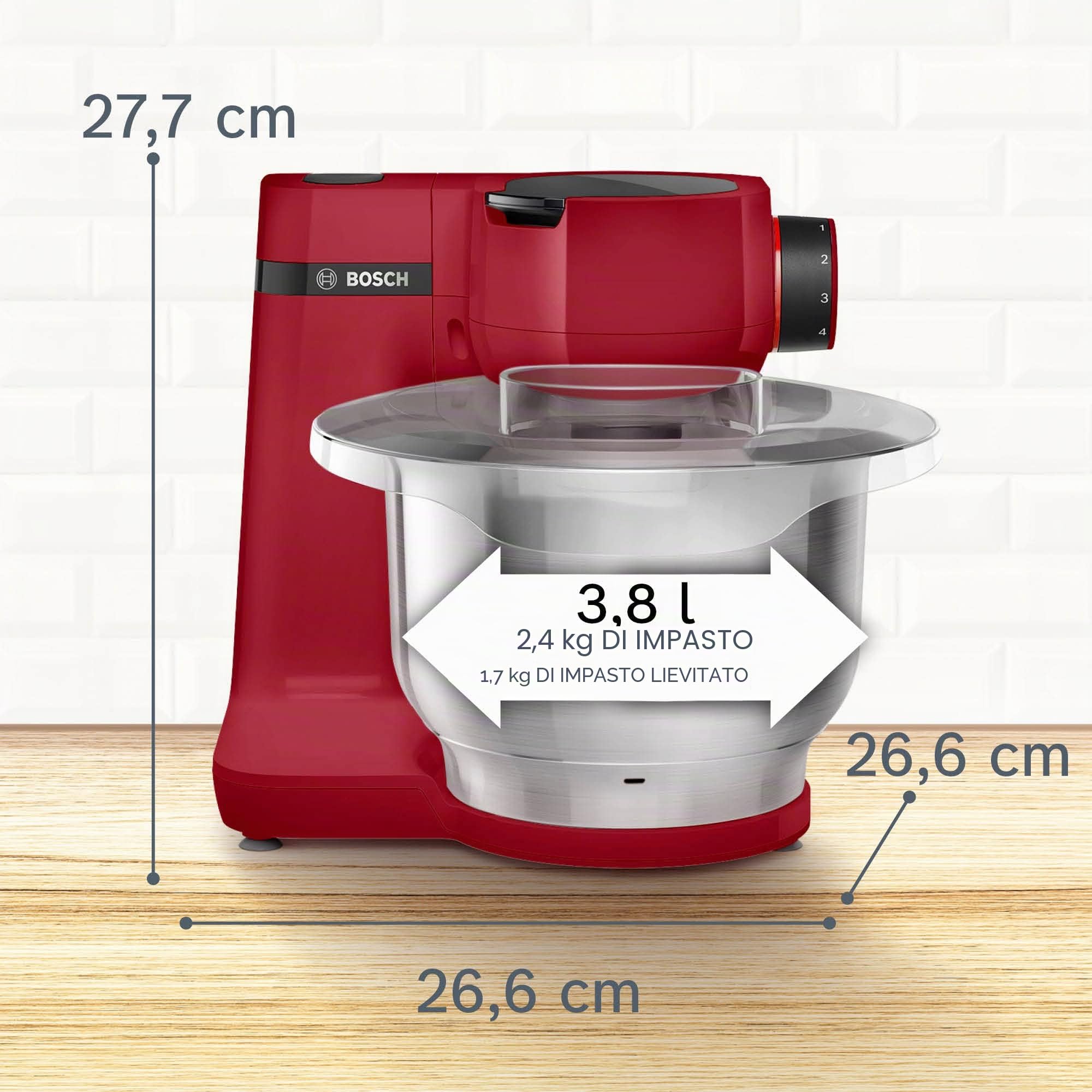 Bosch Elettrodomestici MUMS2ER01 - Robot da cucina MUM serie 2, 700 W, ciotola in acciaio inox da 3,8 l, intaglio e 3 dischi, set di patisserie, acciaio inox, rosso