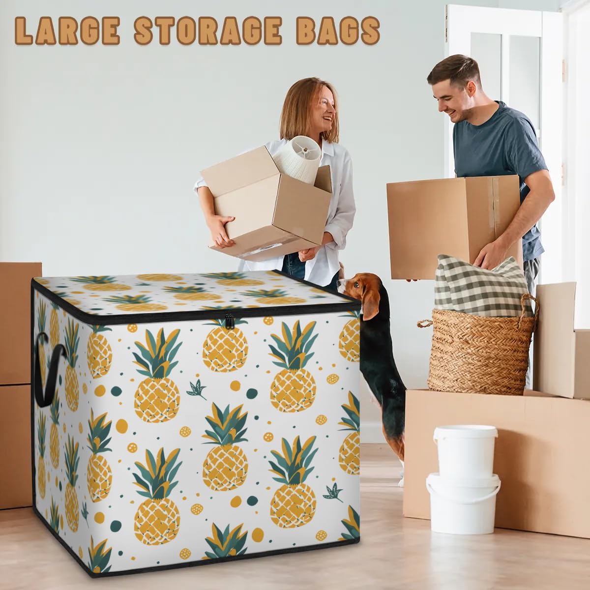 Honeybaby 214L Extra Large Comforter Storage Bag Watercolor Pineapple Dots Storage Totes with Lids Waterproof Closet Organizer Folding Blanket Storage Bags for Clothes Bedding Pillows