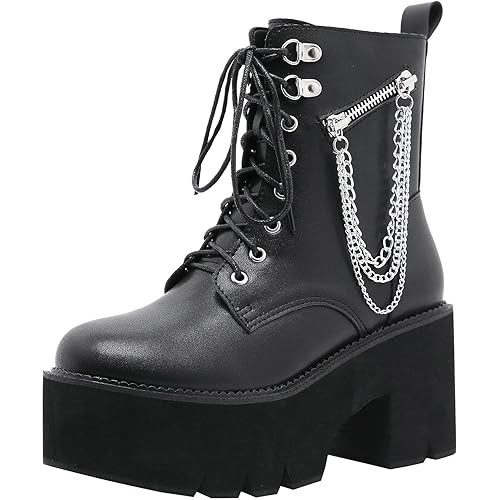 Parisuit Womens Goth Patent Ankle Boots Platform Chunky High Heel Lace Up Combat Boots Punk Short Booties