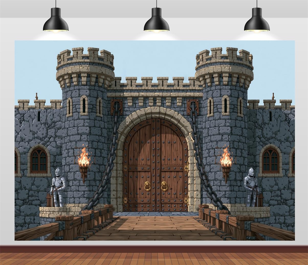 BELECO 5.2x3m Sfondo in tessuto Castello Medievale in Pietra | Porta Fortezza In Pietra Antica Ponte Levatoio Catene In Ferro Statue Cavalieri Torce Fiammanti Telo Di Sfondo