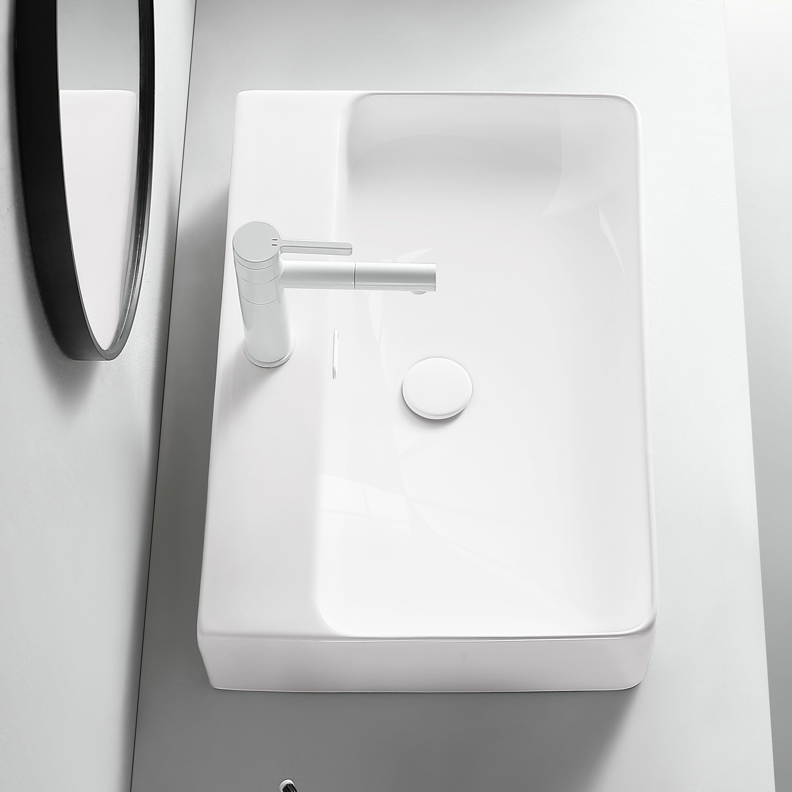 AQUAUNO Lavabo da appoggio Cloe, 60 x 42 cm, rettangolare, in ceramica bianca, con foro per rubinetto e troppopieno cromato, in ceramica sanitaria, per piano lavabo