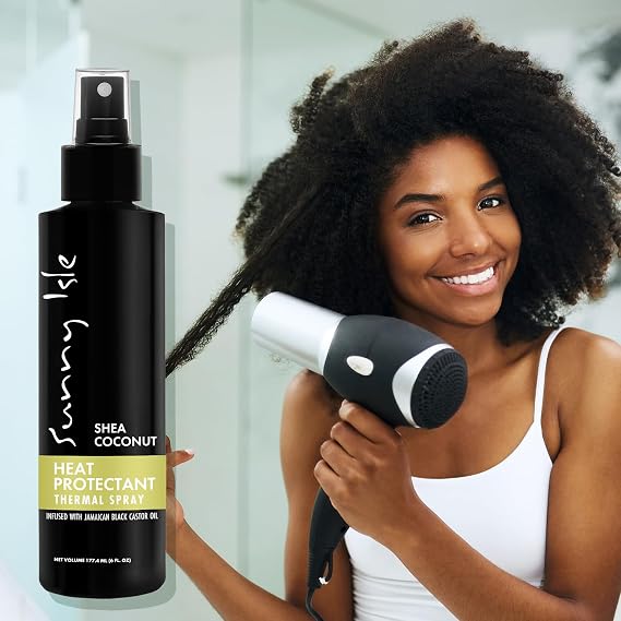 Sunny Isle Shea Coconut Heat Protectant Thermal Spray 6oz | Shea Butter, Coconut Oil & Jamaican Black Castor Oil Infused | Smooths, Adds Shine | Paraben & Sulfate Free, Color Safe