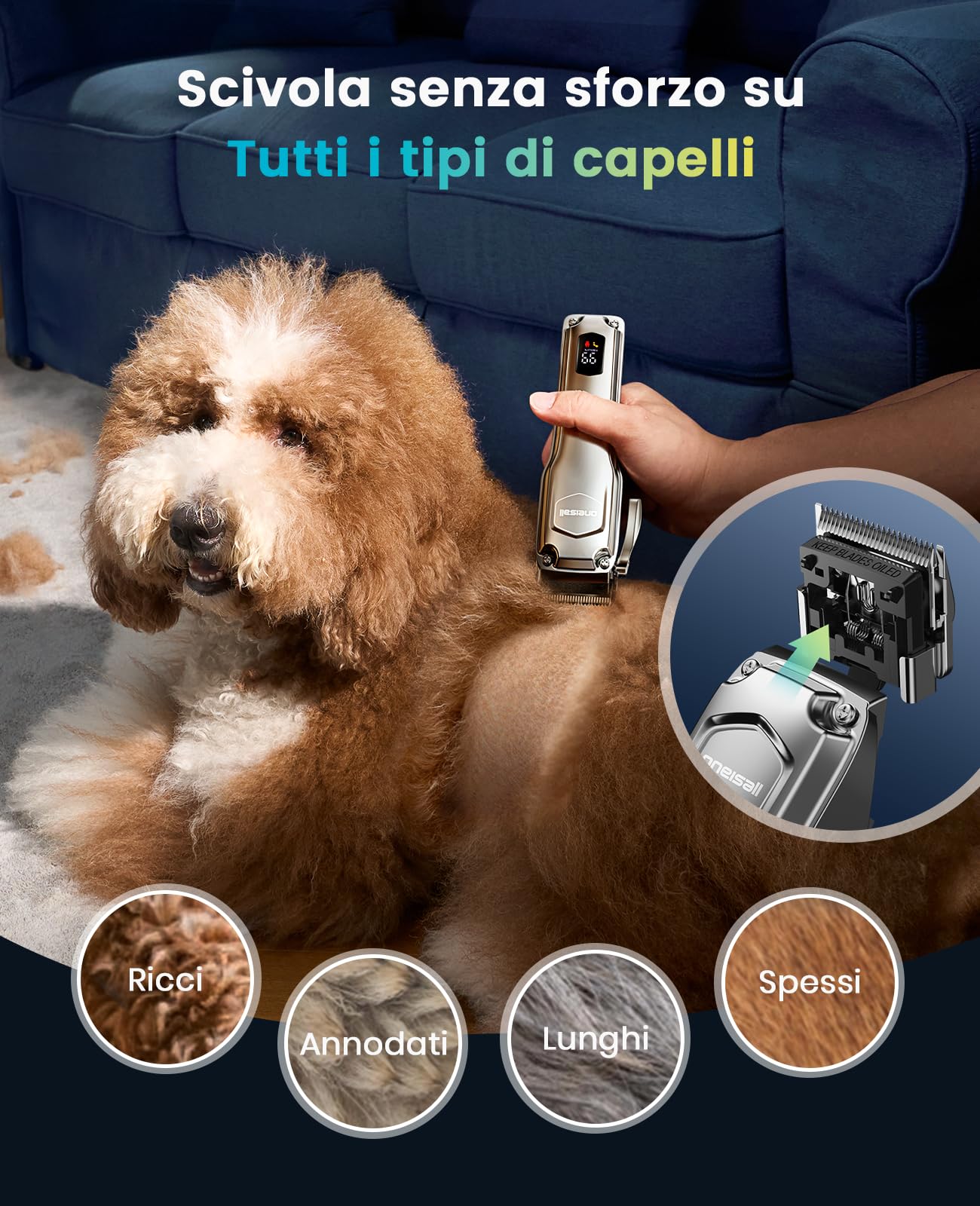 oneisall Tosatrice professionale silenziosa per cani a pelo lungo e folto, tosatrice per cani con lama rimovibile in acciaio inossidabile, cane gatto cavallo, 4 ore di autonomia
