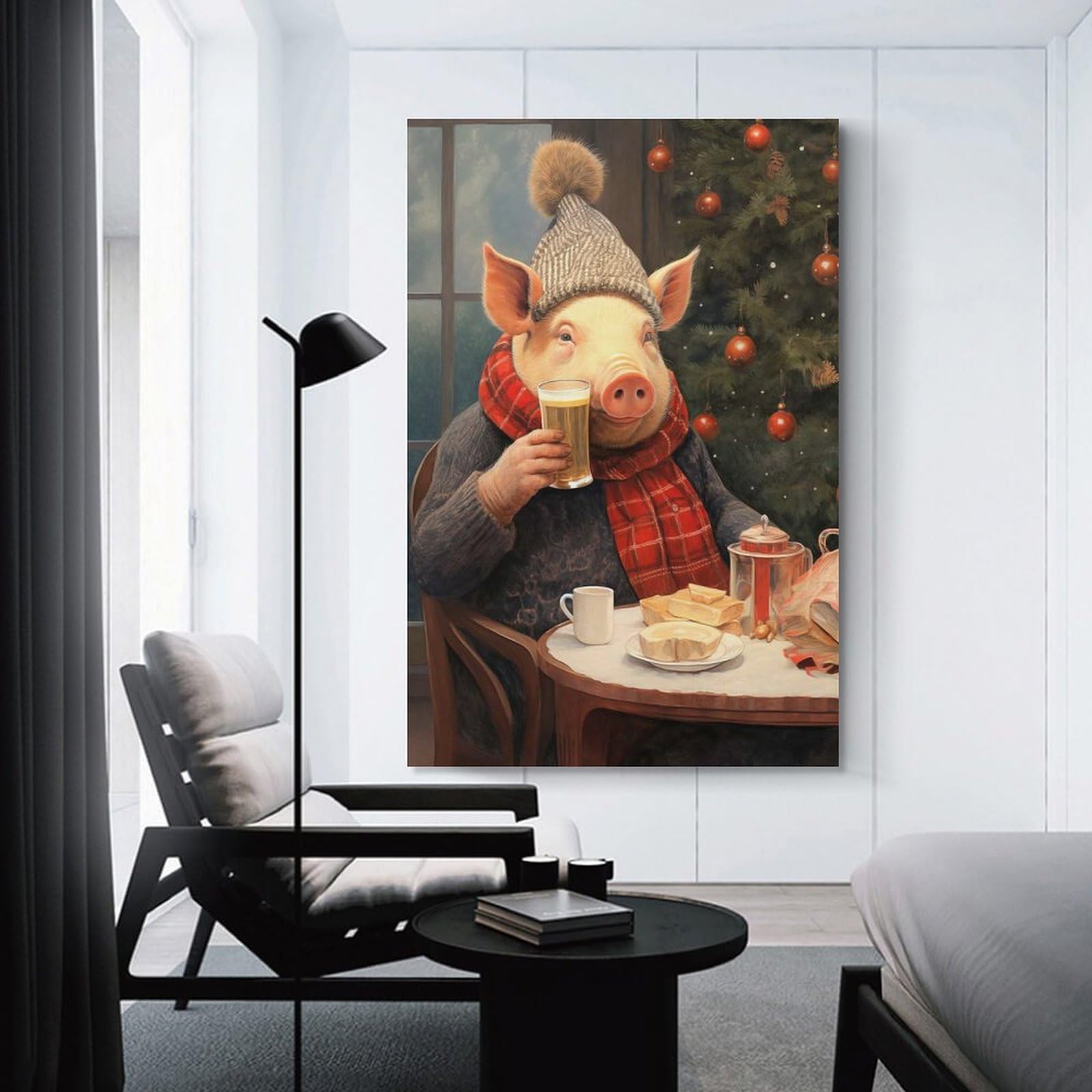Junmoney Festive Pig with Beer Wall Picture Print, 24x36inch(60x90cm), for Workspace Walls, Study Corners Or Bedrooms, Wall Art That Adds Style to Work Areas