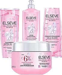Kit Elseve Glycolic Gloss: Shampoo, Condicionador, Creme Tratamento, Creme Para Pentear - Alto Brilho para Cabelo Danificado e Sem Brilho