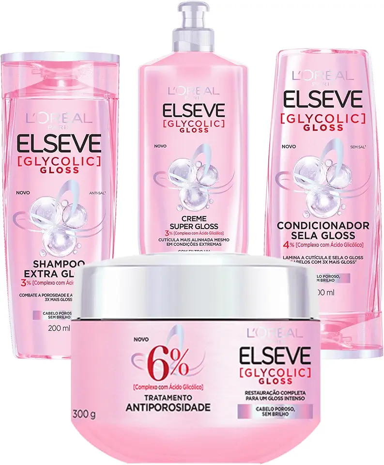 Kit Elseve Glycolic Gloss: Shampoo, Condicionador, Creme Tratamento, Creme Para Pentear - Alto Brilho para Cabelo Danificado e Sem Brilho