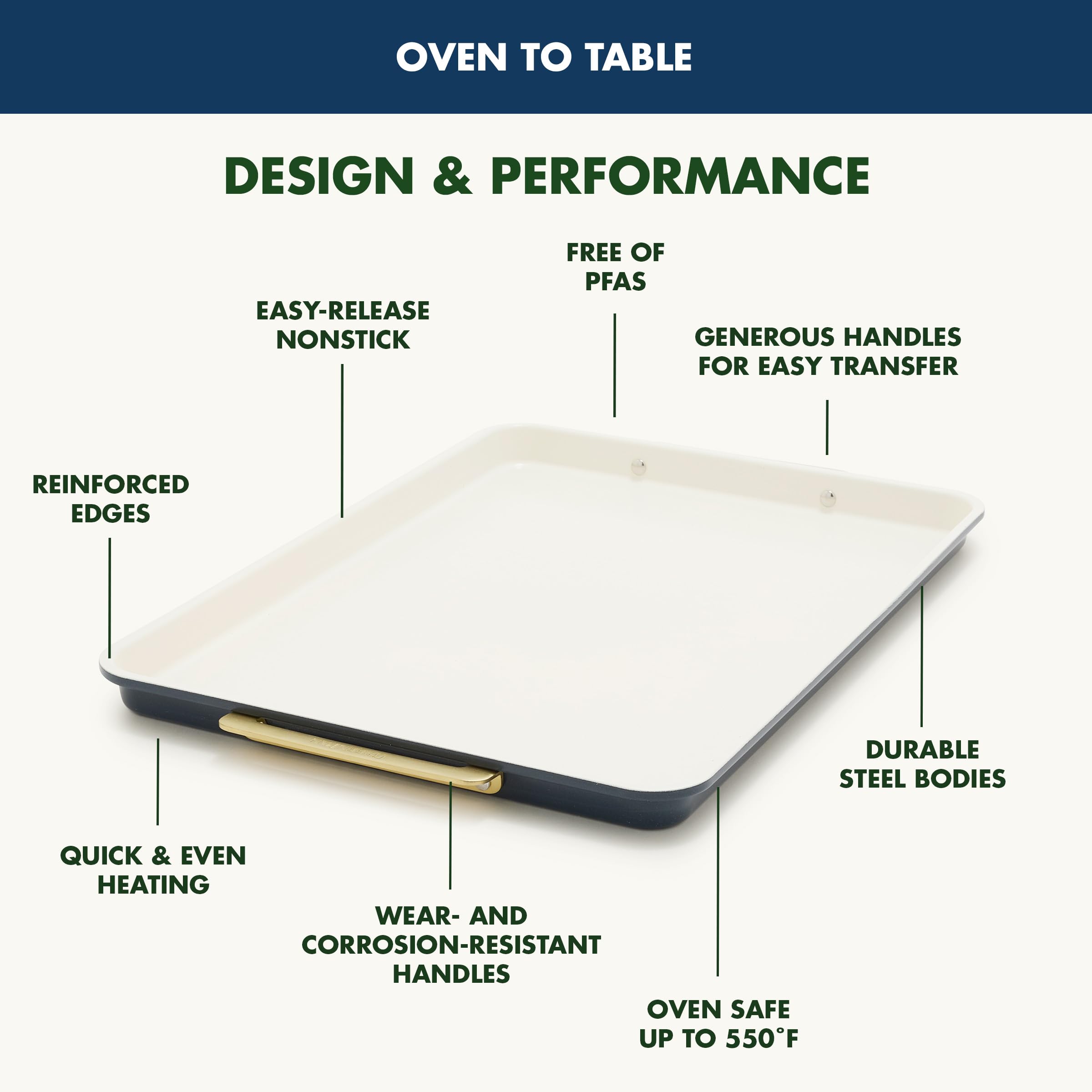 GreenPan Reserve Bakeware halbe Backform, 33 x 45,7 cm, Keramik-Antihaft-Backform, PFAS- und BPA-frei, goldene Griffe, langlebiger Stahl, vielseitiges und platzsparendes Ofengeschirr, Gefrierschrank